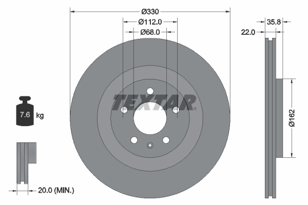 Disc frana puntea spate (92238305 TEXTAR) AUDI,AUDI (FAW),PORSCHE,VW,VW (SVW) A4|A4 Allroad|A4, A4 / S4|A4L|A5|A5, A5 / S5|A6|A6 Allroad|A6, A6 / S6|A6L|A7|A7, A7 / S7|A8, A8 / S8, A8L|A8, A8L|MACAN|P