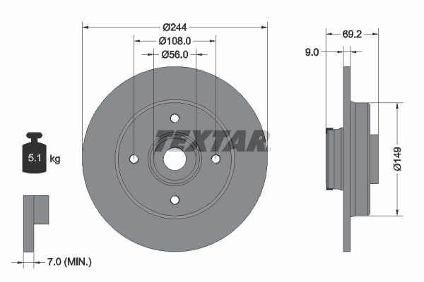 Disc frana puntea spate (92305403 TEXTAR) Citroen,DS,OPEL,PEUGEOT,VAUXHALL