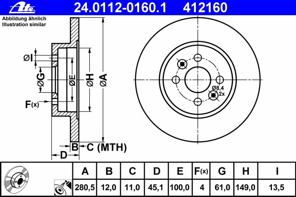 Disc frana # Renault Kangoo 2001 2002 2003 2004 2005 2006 2007 2008 2009 2010 2011 2012 2013 2014 2015 2016 2017 2018 2019 2020 2021 2022 2023 2024 2025 # 24 0112 0160 1 # ATE