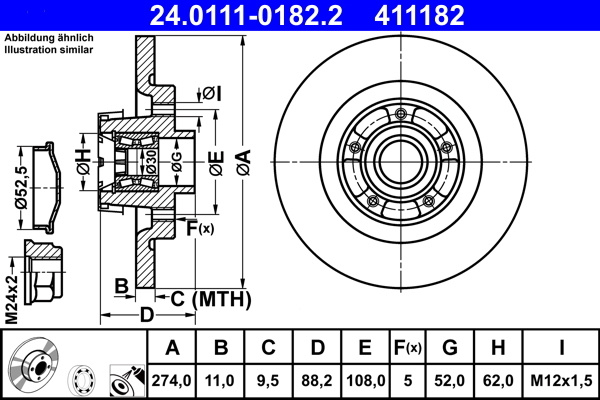 Disc frana ~ Renault Kangoo 2010 2011 2012 2013 2014 2015 2016 2017 2018 2019 2020 2021 2022 2023 2024 ~ 24.0111-0182.2 ~ ATE