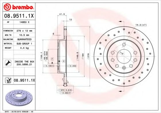 Disc frana SAAB 9-3 Cabriolet (YS3F) (2003 - 2016) BREMBO 08.9511.1X piesa NOUA