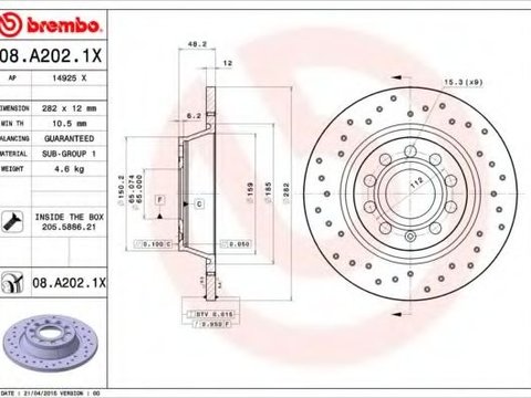 Disc frana SEAT ALHAMBRA (710, 711) (2010 - 2016) BREMBO 08.A202.1X piesa NOUA