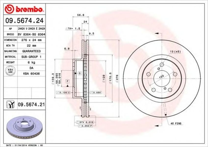 Disc frana SUBARU OUTBACK BE BH BREMBO 09567424