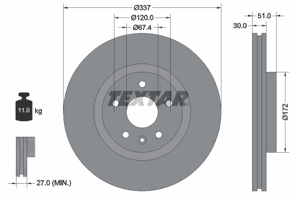 Disc frana TEXTAR 92187103 pentru VAUXHALL INSIGNIA Mk I (A) Sports Tourer (G09) 2008-2017
