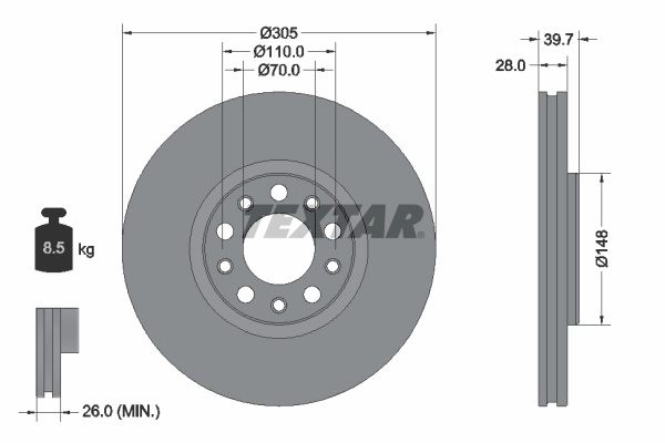 Disc frana TEXTAR 92293903 pentru masina JEEP COMPASS (MP, M6, MV, M7) 2016 2017 2018 2019 2020 2021 2022 2023 2024 2025