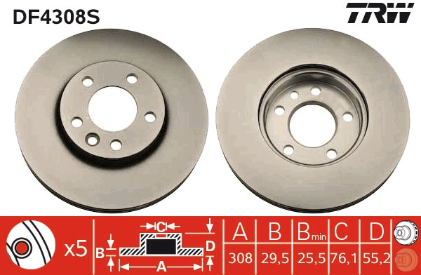 Disc frana TRW DF4308S compatibil cu VW TRANSPORTER T5 platou / sasiu (7JD, 7JE, 7JL, 7JY, 7JZ, 7FD, 2003 2004 2005 2006 2007 2008 2009 2010 2011 2012 2013 2014 2015