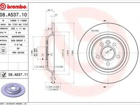 Disc frana VOLVO V60 (2010 - 2016) BREMBO 08.A537.11 piesa NOUA