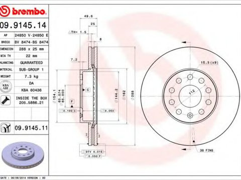 Disc frana VW CADDY IV combi (Saab, SAJ) (2015 - 2020) BREMBO 09.9145.11