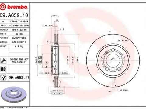 Disc frana VW GOLF IV (1J1) (1997 - 2005) BREMBO 09.A652.11 piesa NOUA