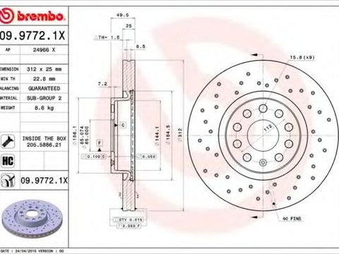 Disc frana VW TOURAN (1T3) (2010 - 2015) BREMBO 09.9772.1X piesa NOUA