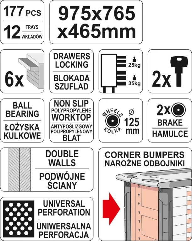 Dulap Scule 177 Piese 6 Sertare Rosu Yat