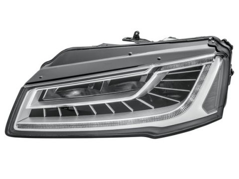 Far Audi A8 (D4/4f), 11.2013-, partea Stanga, cu sistem iluminat in curba, cu lumina timp de zi tip LED, LED, electric, fara motor, fara unitate control LED, HELLA