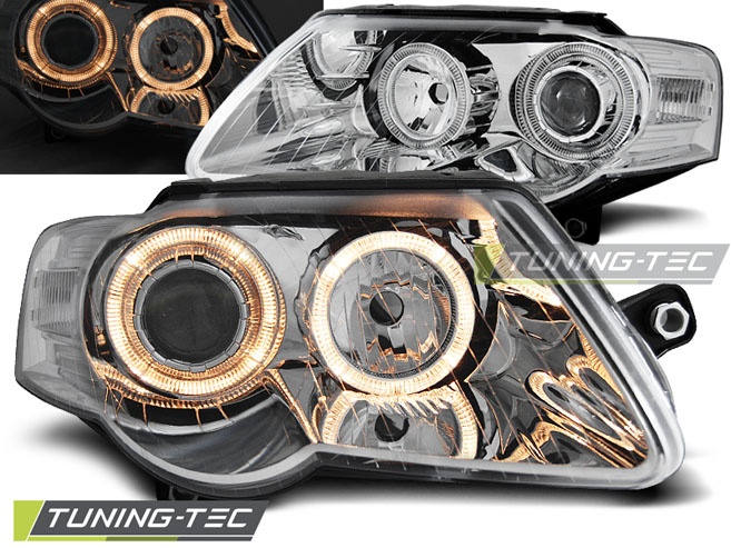 Far faruri VW Passat B6 3C ANGEL EYES look crom cu lupa NOU