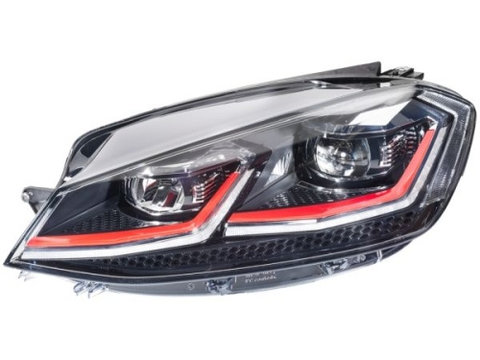 Far VW Golf 7 (5k), 03.2017-, Model Gti, partea Stanga, cu lumina dinamica pentru viraje, cu lumina pentru viraje statica, cu lumina timp de zi tip LED, LED, electric, fara modul LED pentru luminile de curbe, fara unitate control LED, cu motor, HELLA