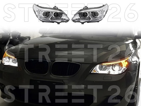 Faruri 3D LED Angel Eyes Compatibil Cu BMW Seria 5 E60 E61 (2003-2007) Crom