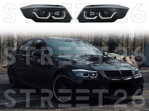 Faruri 3D LED Angel Eyes Compatibil Cu BMW Seria 3 E90 E91 Sedan Touring (2005-2008) Negru
