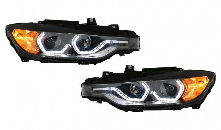 Faruri Full Angel Eyes LED DRL Negre Tuning BMW Seria 3 6 (F3x) 2011 2012 2013 2014 2015 2016 HLBMF30M3