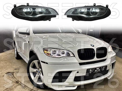 Faruri Xenon Angel Eyes 3D Dual Halo Rims LED DRL Compatibil Cu BMW X6 E71 (2008-2012) Negru