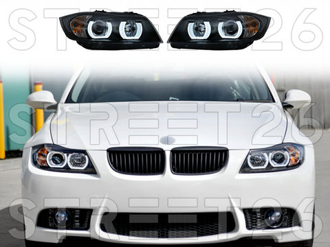 Faruri Xenon U-Led 3D Dual Halo Rims Compatibil Cu BMW Seria 3 E90 E91 (2005-2008) Negru