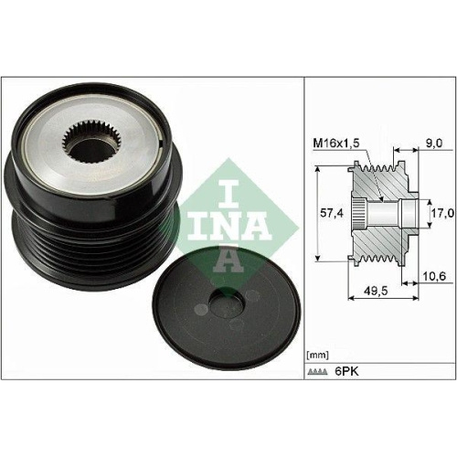Fulie alternator Citroen C5 3 (Rd ), C5 3 Break (Rw ), C6 (Td ), Peugeot 407 (6d ), 407 Coupe (6c ), 407 Sw (6e ), 607 (9d, 2.7 HDI, 2.7 HDi (6DUHZJ, 6DUHZF), 2.7 HDi 24V, INA