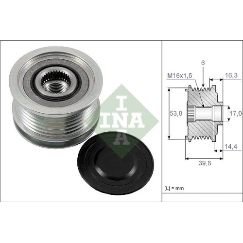 Fulie alternator INA Germany 535017010 Citroen C-CROSSER 2007-2012, Outlander II, 2006-2012, Peugeot 4007, 2007-2013, motorizare 2.2 Hdi, DI-D, diametru 39.80 x 53,8/17,0 mm