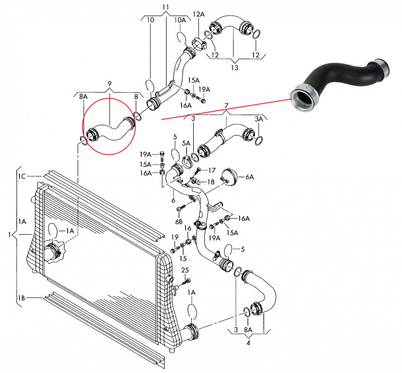 Furtun intercooler stanga sau dreapta pentru Audi , Seat , Skoda 1.9 TDI