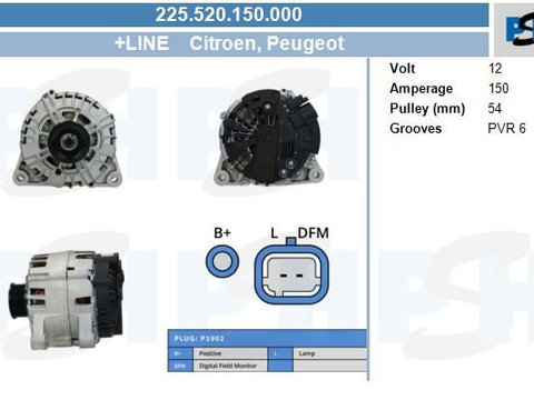 Generator Alternator 225 520 150 000 BV PSH pentru Peugeot 307 CitroEn Xsara