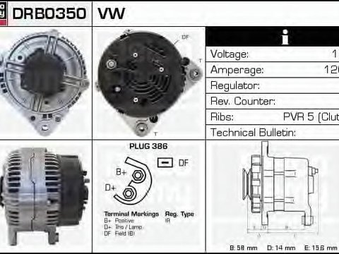 Generator / Alternator AUDI A4 limuzina (8D2, B5), VW PASSAT limuzina (3B2), VW PASSAT Variant (3B5) - DELCO REMY DRB0350