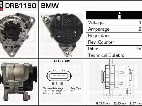 Generator / Alternator BMW 3 Compact (E36), BMW 3 limuzina (E46), BMW Z3 (E36) - DELCO REMY DRB1190