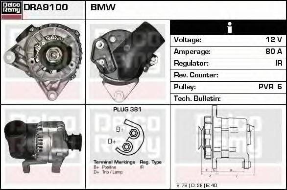 Generator / Alternator BMW 3 Compact (E36), BMW 3 limuzina (E36), BMW 3 cupe (E36) - DELCO REMY DRA9100