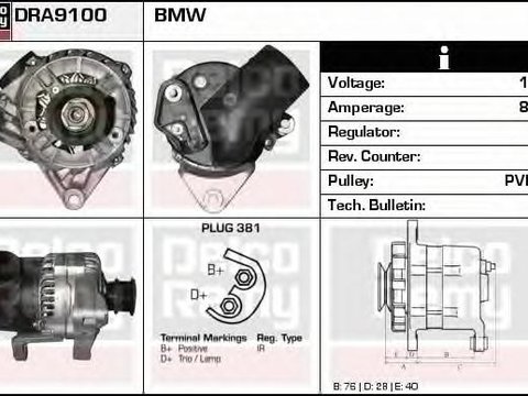 Generator / Alternator BMW 3 Compact (E36), BMW 3 limuzina (E36), BMW 3 cupe (E36) - DELCO REMY DRA9100