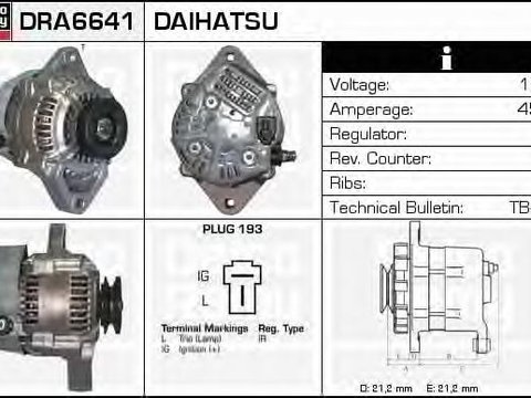 Generator / Alternator DAIHATSU CHARADE Mk II (G11, G30), DAIHATSU CHARADE Mk III (G100, G101, G102), PIAGGIO APE TRUCK platou / sasiu - DELCO REMY DR