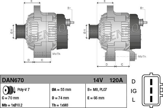 Generator / Alternator LAND ROVER DEFENDER Cabrio (LD) DENSO DAN670