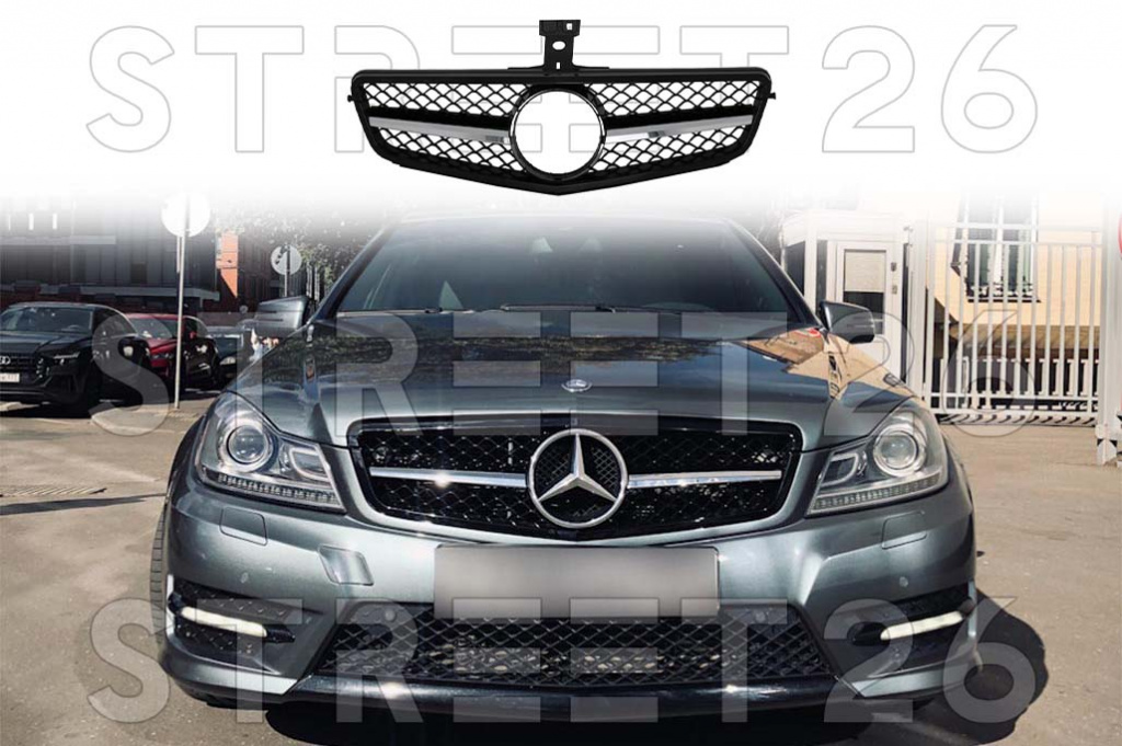 Grila Centrala Compatibil Cu Mercedes C-Class W204 S204 C204 (2007-2014) Sport Negru Lucios C63 Design