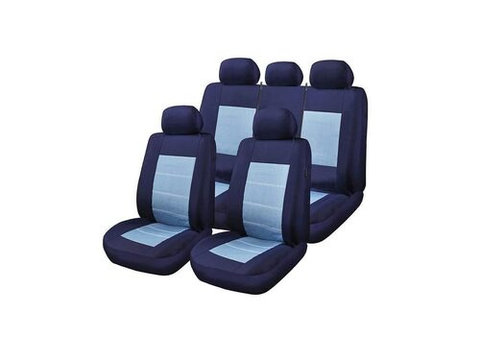 Huse Scaune Auto Mitsubishi L200 - RoGroup Blue Jeans, cu fermoare pentru bancheta rabatabila, 9 Bucati