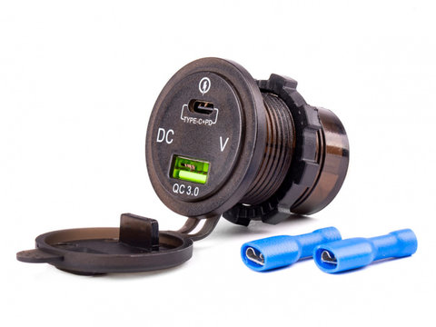 Incarcator auto AMIO, rezistent la apa cu voltometru digital USB + USB C 12/24V MOD-07
