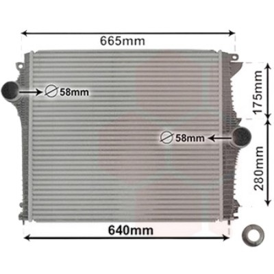 Intercooler ALFA ROMEO STELVIO 2016-> pentru 2.2 JTDM Q4 , perioada 2018 2019 2020 2021 2022 2023 PIESA NOUA grosime mm 32, diametru admisie mm 59, diametru evacuare mm 59, latime fagure mm 535, lungime fagure mm 570,