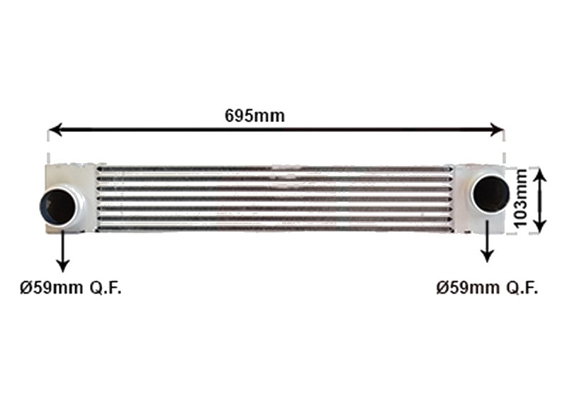 Intercooler BMW 5 E60 2001->2010 pentru 520 d, perioada 2005 2006 2007 2008 2009 PIESA NOUA grosime mm 105, cu cupla rapida, diametru admisie mm 59, diametru evacuare mm 59, latime fagure mm 96, lungime fagure mm 540,