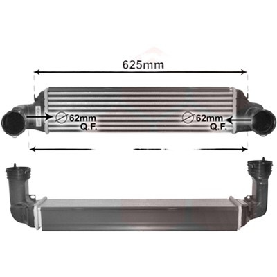 Intercooler BMW X3 E83 2003->2011 pentru 2.0 d, perioada 2004 2005 2006 2007 PIESA NOUA grosime mm 50, cu cupla rapida, diametru admisie mm 62, diametru evacuare mm 62, latime fagure mm 128, lungime fagure mm 540,