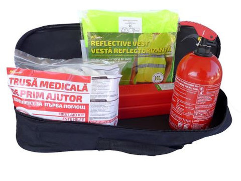 Kit siguranta auto RoGroup – trusa medicala, 2 x triunghi, stingator, vesta + geanta depozitare