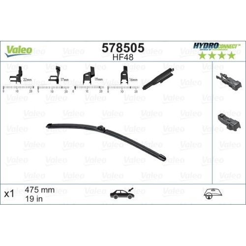 Lamela stergator 475mm/19in Audi, BMW, Fiat Talento, Ford, Infiniti, Mercedes, Mini, Nissan, Opel Vivaro, Renault, Seat Ibiza/Cordoba, Skoda, VW, Volvo, fata, dreapta, plata, adaptor OE Valeo, VALEO Hydroconnect