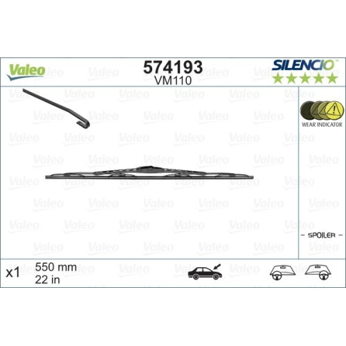 Lamela stergator 550mm/22in Audi A6 (C4) 07.1994-10.1997, A6 (C5) 05.1997-05.2001, A8 (D2) 06.1994-12.2002, TT (8n) 10.1998-05.2006, Fiat Stilo (192) 01.2001-03.2007, fata, stanga, standard, adaptor M2, cu spoiler, VALEO SILENCIO