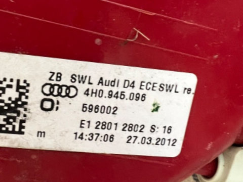 Lampa Stop Tripla Dreapta Caroserie Audi A8 4H D4 LED An 2010-2011-2012-2013-2014 Cod 4H0945096