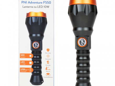 Lanterna PNI Adventure F550 Crystal LED, 10W, din aluminiu, 500lm, pana la 700m, IPX6, acumulator 4000mAh inclus, incarcare prin USB Type-C PNI-ADVF550