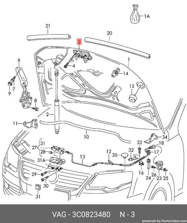 Maner deschidere capota Volkswagen Passat 3C combi 2007 argintiu LA7W OEM 3C0823480