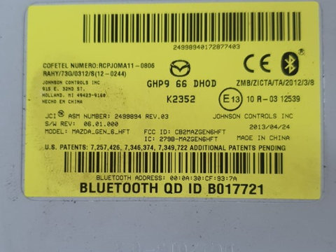 Modul Bluetooth Mazda 6, Mazda CX-5 2.2 DCI Cod: B017721 / GHP966DH0D