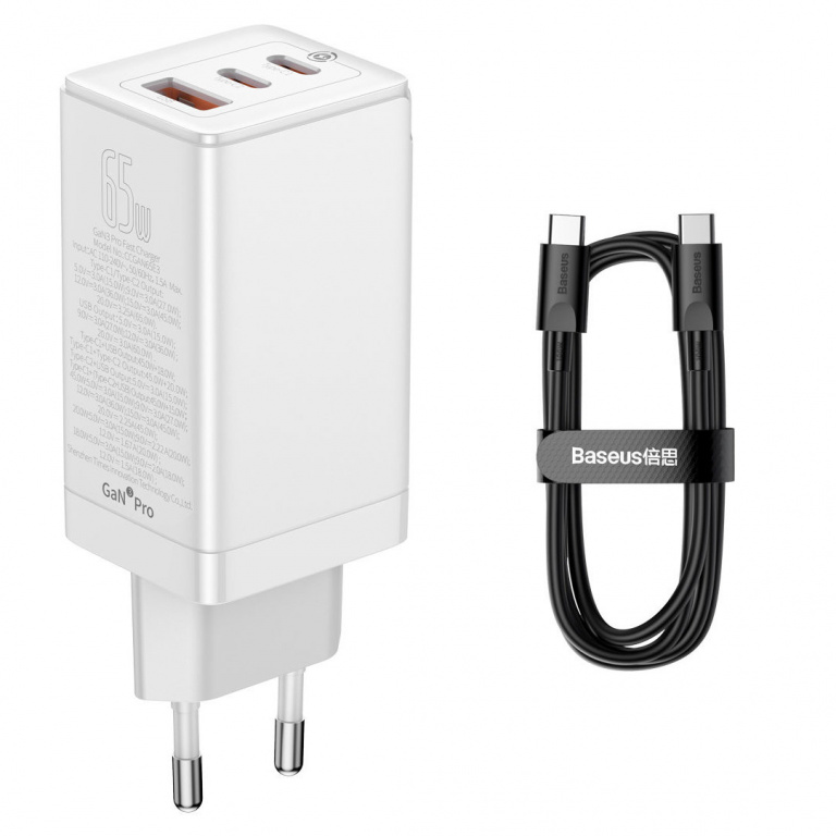 Încărcător Rapid Universal GaN Baseus GaN3 Pro 2 X USB Tip C / USB + Cablu USB Tip C - USB Tip C 65W PD3.0, QC4.0 +, AFC Alb (CCGP050102)