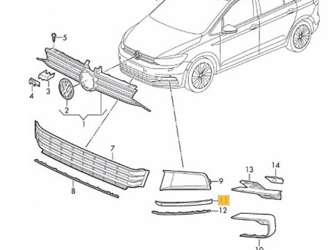 Ornament grila bara protectie VW Touran (5t), 05.2015-, Fata, partea Stanga, Texturat, negru, Aftermarket