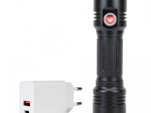 Pachet lanterna dubla PNI Adventure F200 din aluminiu cu LED, acumulator 4000mAh, 3 LED-uri cu deschidere mare si unul cu focus si alimentator PNI CHG300 cu port USB C, QC3.0, PD3.0, PPS si port USB-A, 30W PNI-CHG3F200