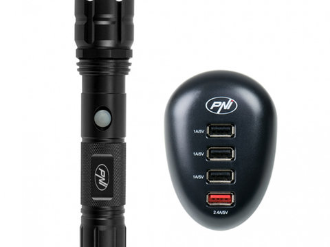 Pachet lanterna PNI Adventure F10 6W, 500lm, raza pana la 200m, focus si incarcator USB PNI HC41, 4 porturi USB PNI-HC41F10